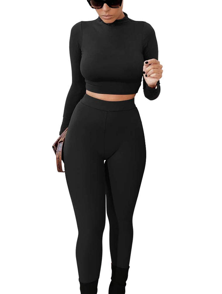 GOKATOSAU Women's Sexy 2 Piece Outfits Long Sleeve Crop Top Pants Set Club Jumpsuits