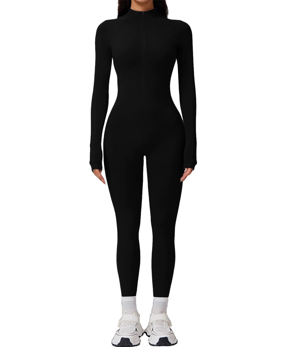 AEEZO Womens Long Sleeve Workout Jumpsuit Zip Up Yoga Rompers Sexy Tummy Control One Piece Bodycon Bottom Pants