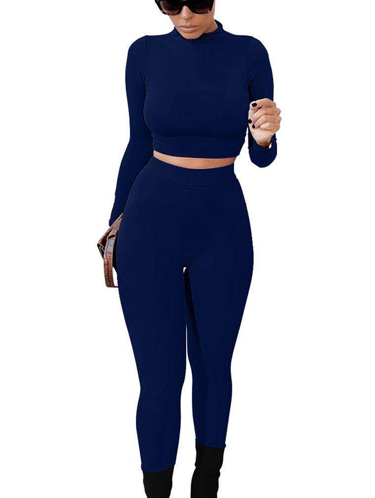 GOKATOSAU Women's Sexy 2 Piece Outfits Long Sleeve Crop Top Pants Set Club Jumpsuits