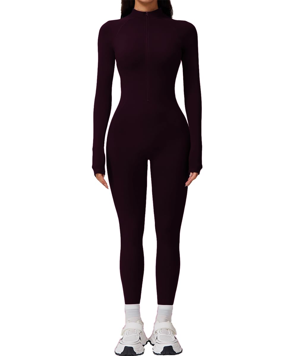 AEEZO Womens Long Sleeve Workout Jumpsuit Zip Up Yoga Rompers Sexy Tummy Control One Piece Bodycon Bottom Pants
