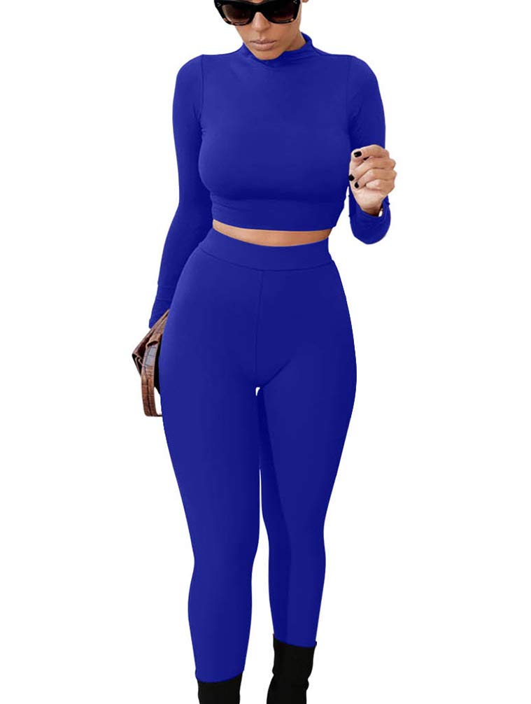 GOKATOSAU Women's Sexy 2 Piece Outfits Long Sleeve Crop Top Pants Set Club Jumpsuits