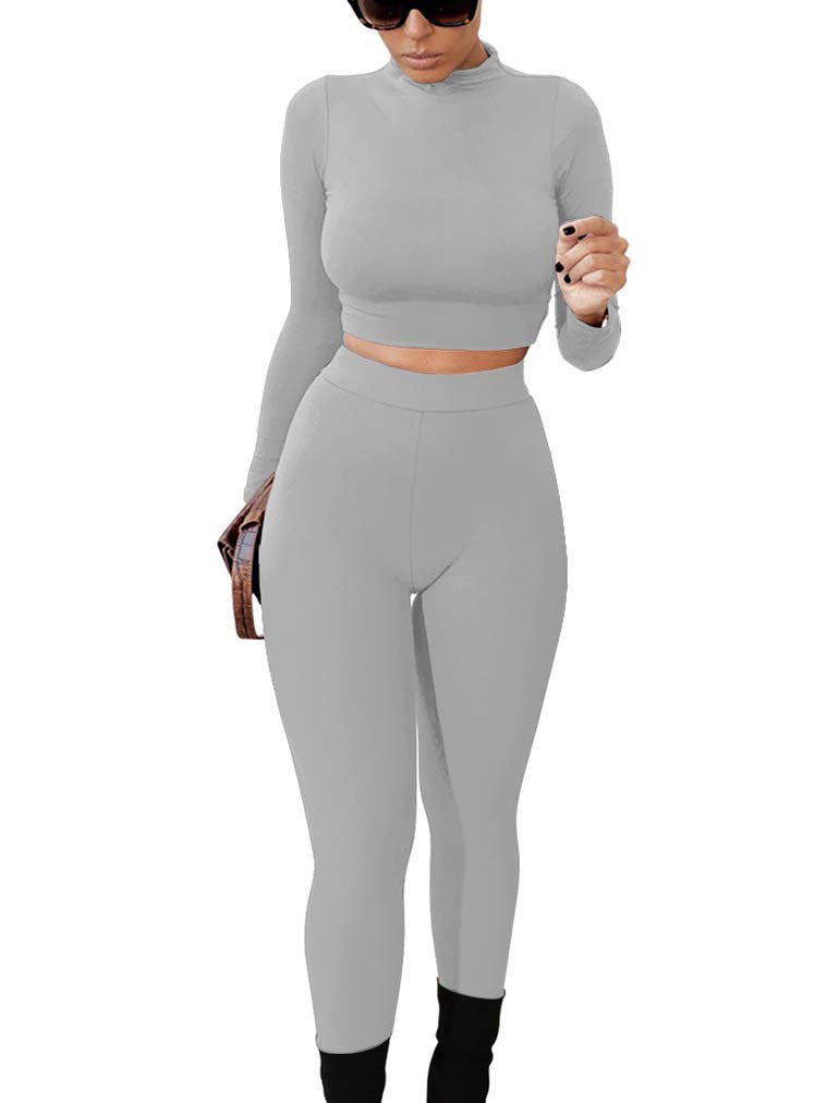 GOKATOSAU Women's Sexy 2 Piece Outfits Long Sleeve Crop Top Pants Set Club Jumpsuits