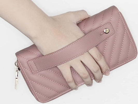 B BRENTANO Vegan Leather Double Zipper Pocket Wallet with Grip Hand Strap (Chevron Embroidered Blush)