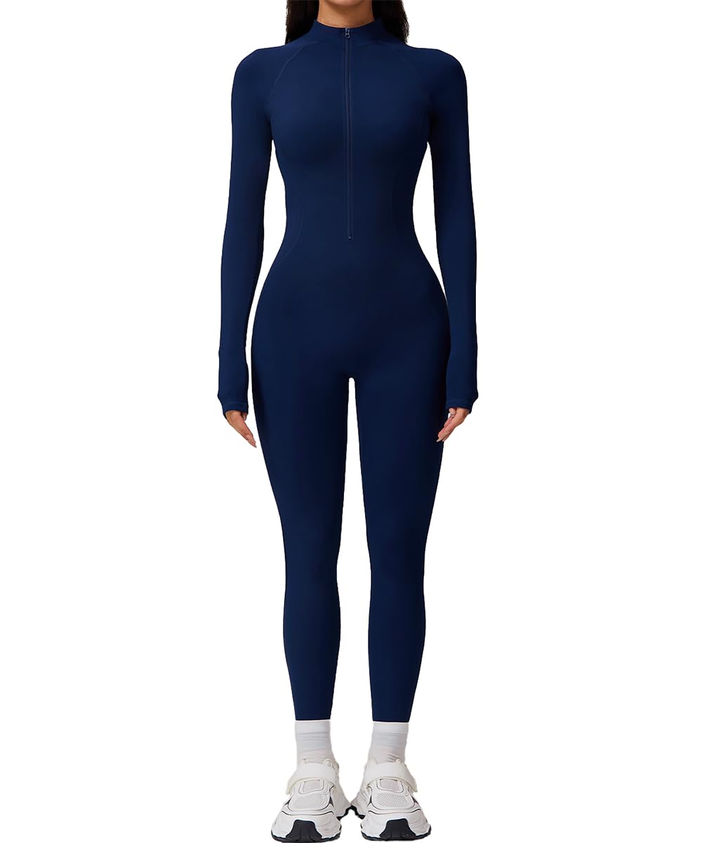 AEEZO Womens Long Sleeve Workout Jumpsuit Zip Up Yoga Rompers Sexy Tummy Control One Piece Bodycon Bottom Pants