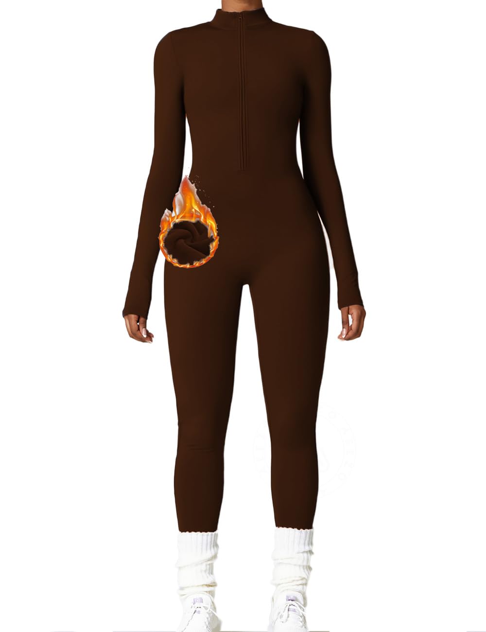 AEEZO Womens Long Sleeve Workout Jumpsuit Zip Up Yoga Rompers Sexy Tummy Control One Piece Bodycon Bottom Pants