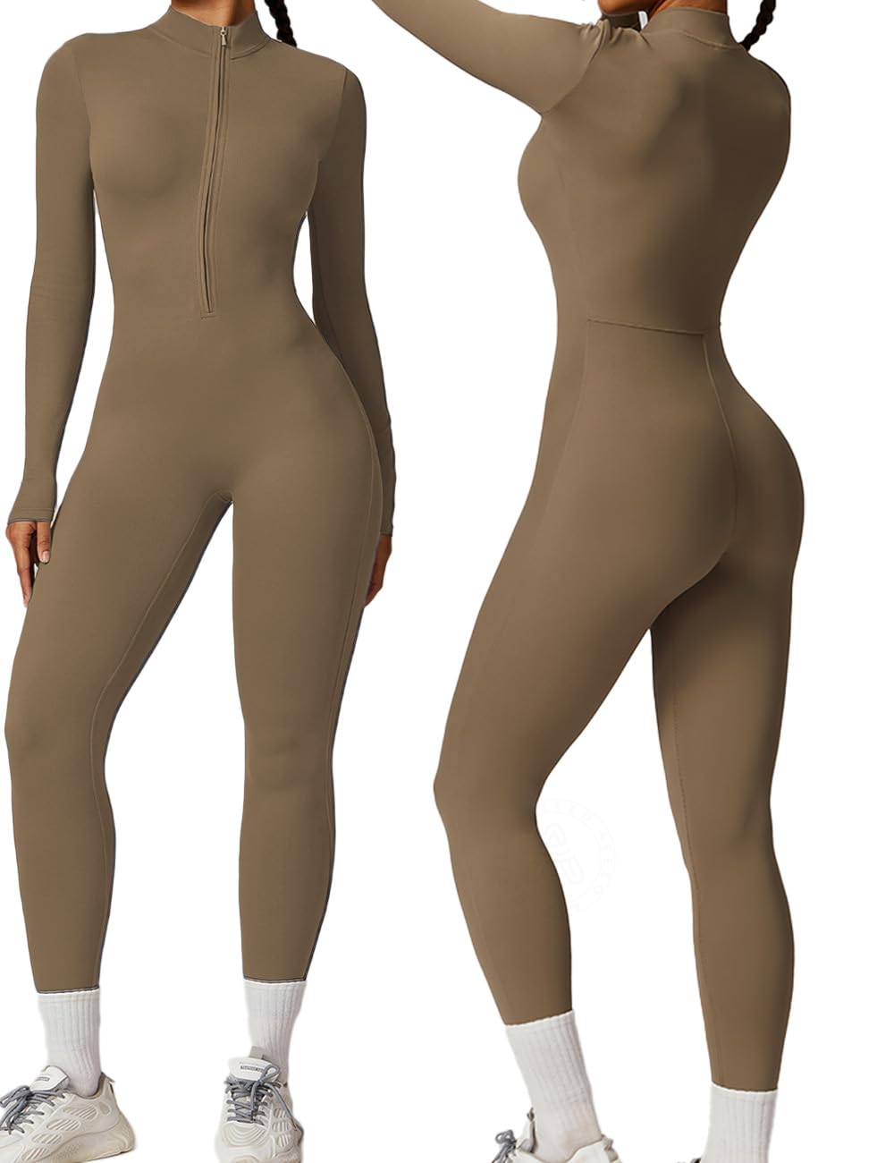 AEEZO Womens Long Sleeve Workout Jumpsuit Zip Up Yoga Rompers Sexy Tummy Control One Piece Bodycon Bottom Pants