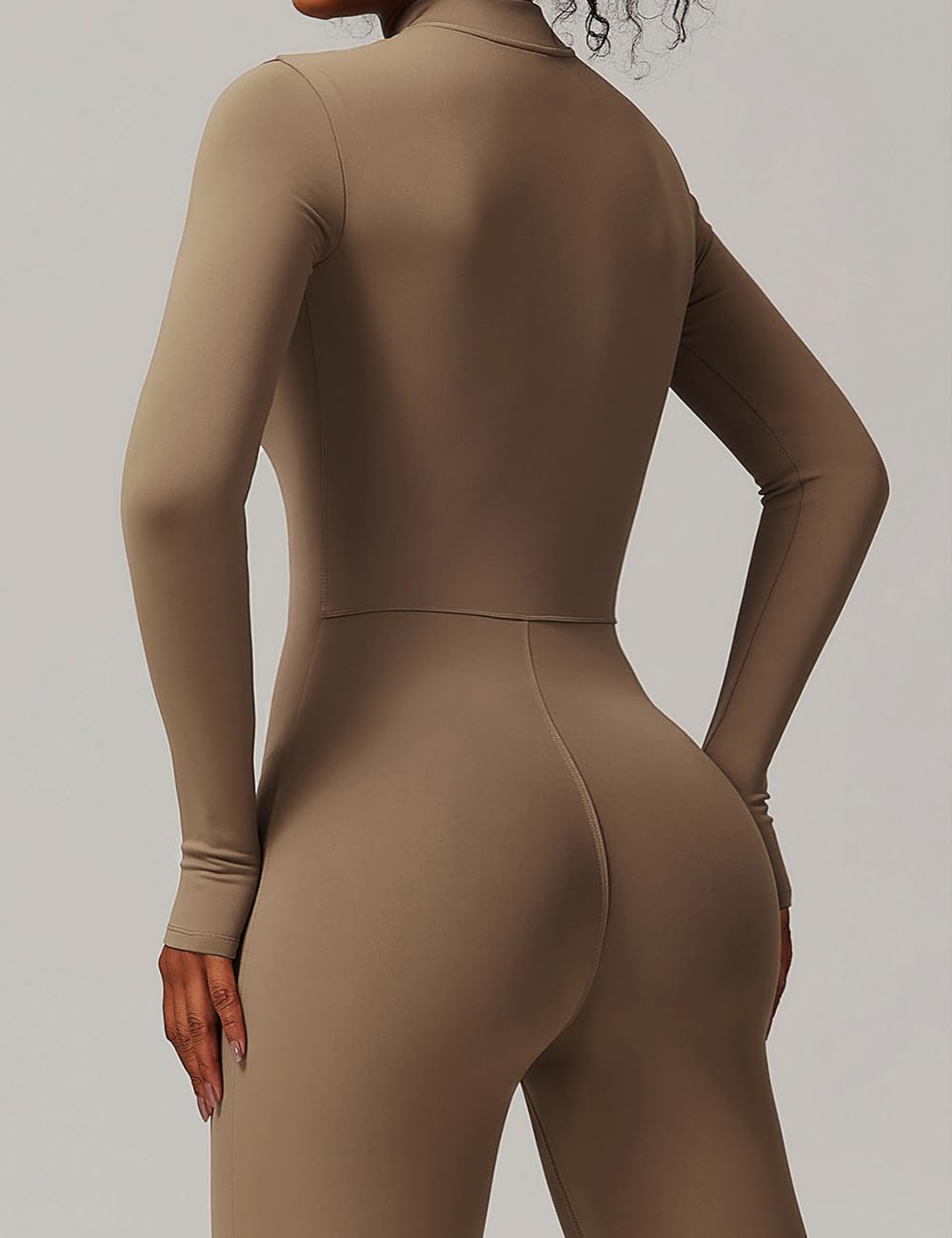 AEEZO Womens Long Sleeve Workout Jumpsuit Zip Up Yoga Rompers Sexy Tummy Control One Piece Bodycon Bottom Pants