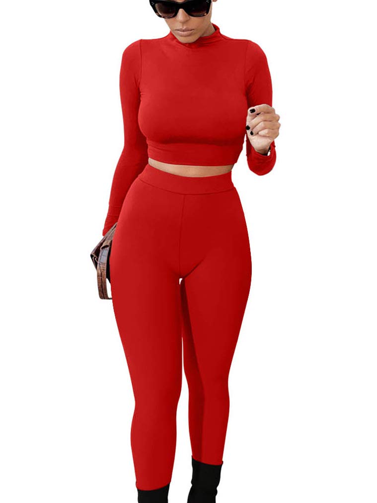 GOKATOSAU Women's Sexy 2 Piece Outfits Long Sleeve Crop Top Pants Set Club Jumpsuits