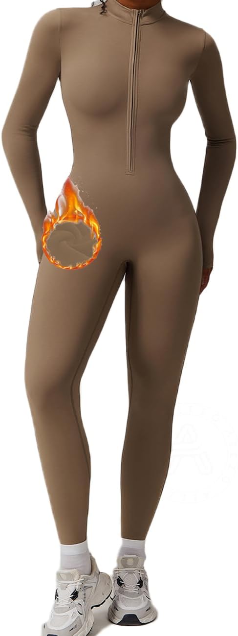 AEEZO Womens Long Sleeve Workout Jumpsuit Zip Up Yoga Rompers Sexy Tummy Control One Piece Bodycon Bottom Pants