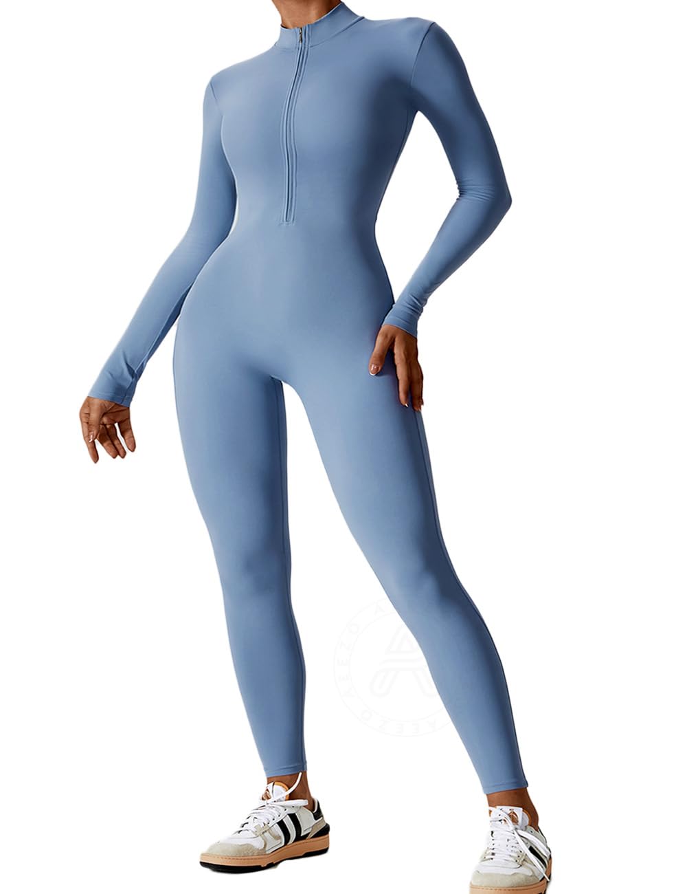 AEEZO Womens Long Sleeve Workout Jumpsuit Zip Up Yoga Rompers Sexy Tummy Control One Piece Bodycon Bottom Pants