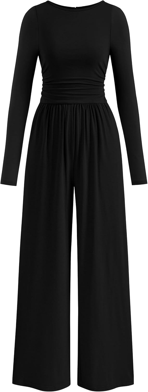 PRETTYGARDEN One Piece Jumpsuits for Women Dressy Casual Long Sleeve Crewneck Wide Leg Romper Overalls Fall Outfits 2025