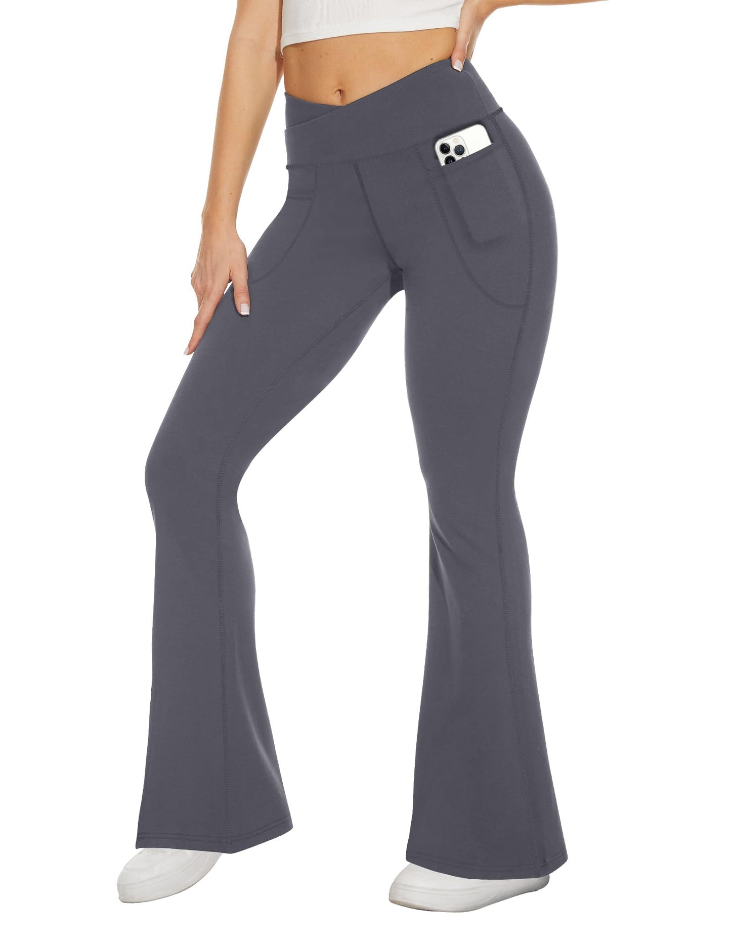 TNNZEET Black Flare Leggings for Women, Crossover Yoga Pants with Pockets Bootcut Flared Leggings