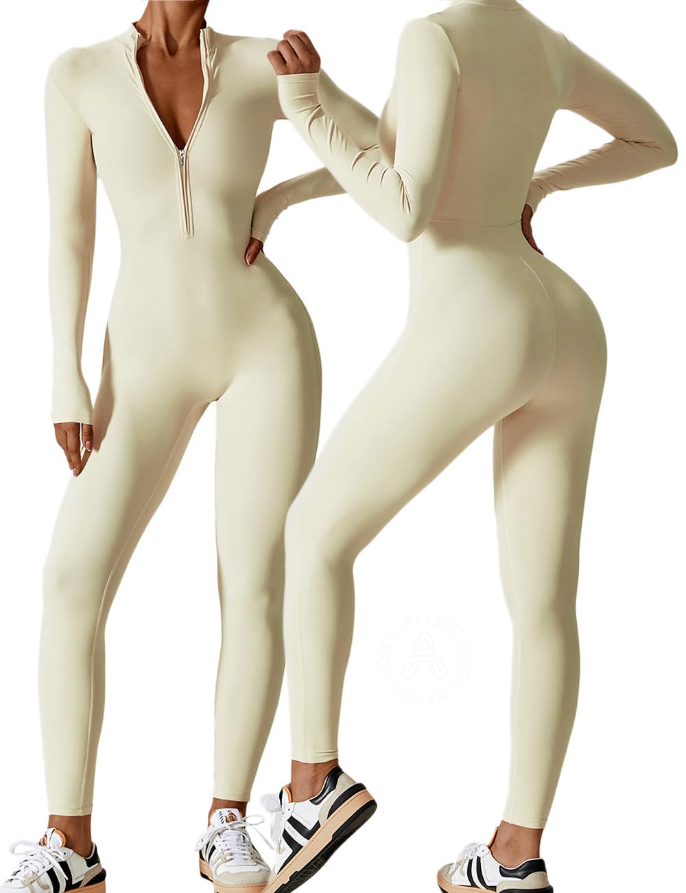 AEEZO Womens Long Sleeve Workout Jumpsuit Zip Up Yoga Rompers Sexy Tummy Control One Piece Bodycon Bottom Pants