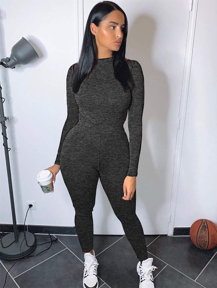 GOKATOSAU Women's Sexy 2 Piece Outfits Long Sleeve Crop Top Pants Set Club Jumpsuits