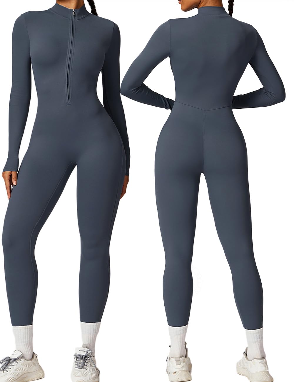 AEEZO Womens Long Sleeve Workout Jumpsuit Zip Up Yoga Rompers Sexy Tummy Control One Piece Bodycon Bottom Pants