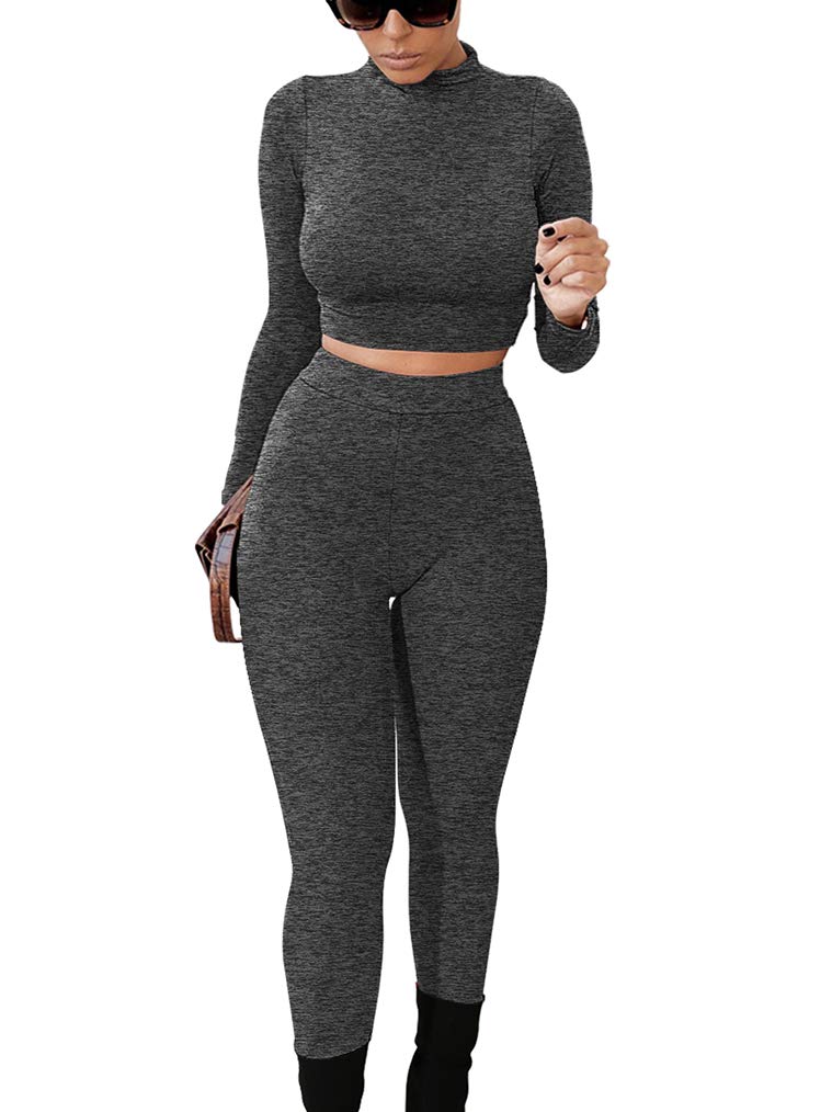 GOKATOSAU Women's Sexy 2 Piece Outfits Long Sleeve Crop Top Pants Set Club Jumpsuits