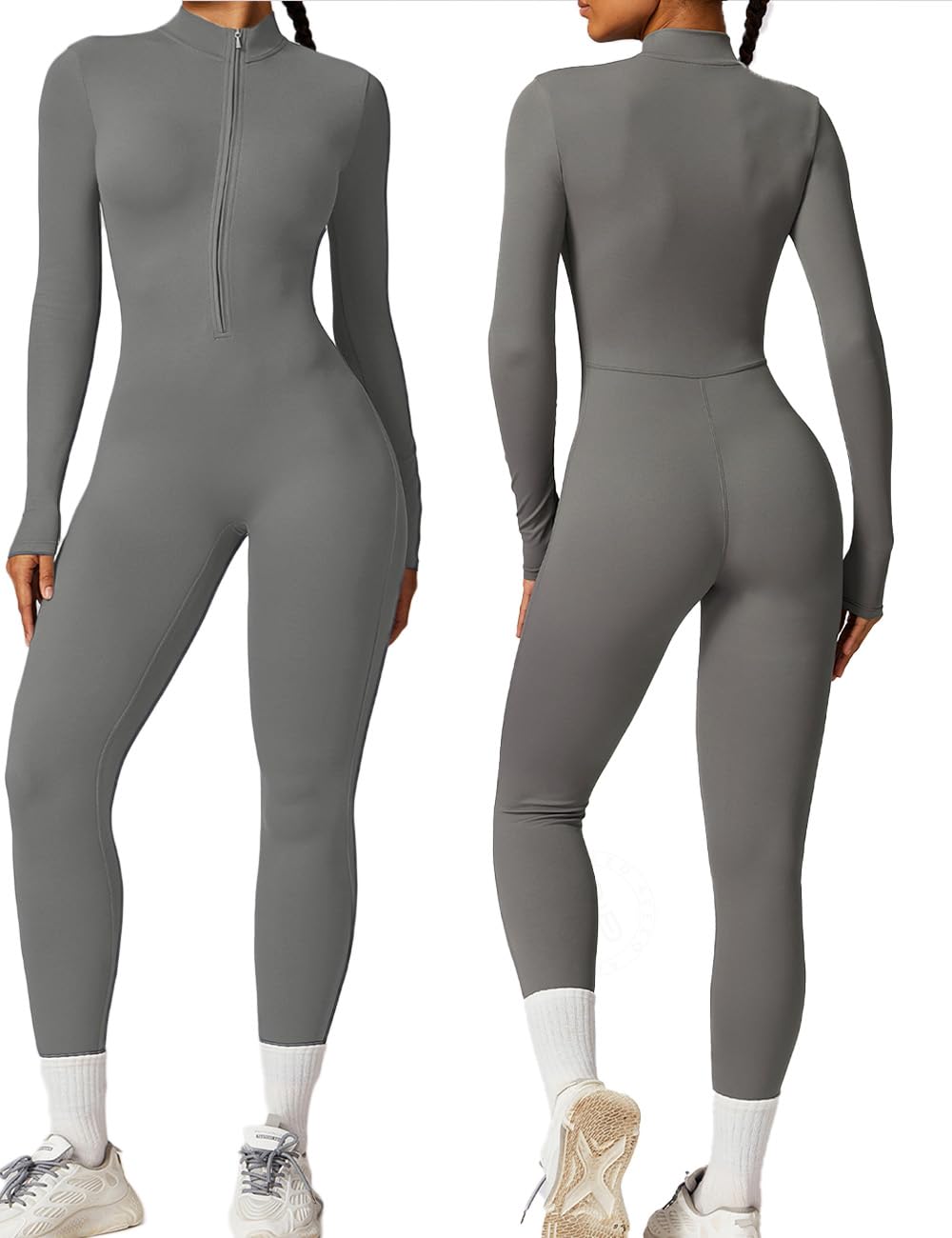 AEEZO Womens Long Sleeve Workout Jumpsuit Zip Up Yoga Rompers Sexy Tummy Control One Piece Bodycon Bottom Pants