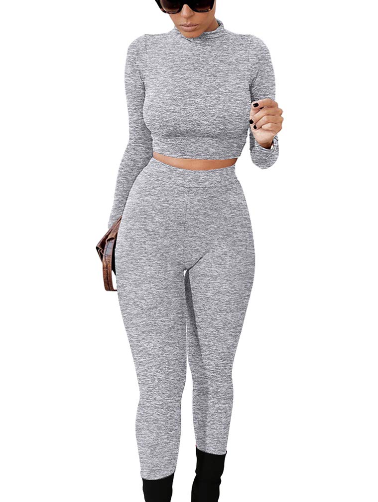 GOKATOSAU Women's Sexy 2 Piece Outfits Long Sleeve Crop Top Pants Set Club Jumpsuits