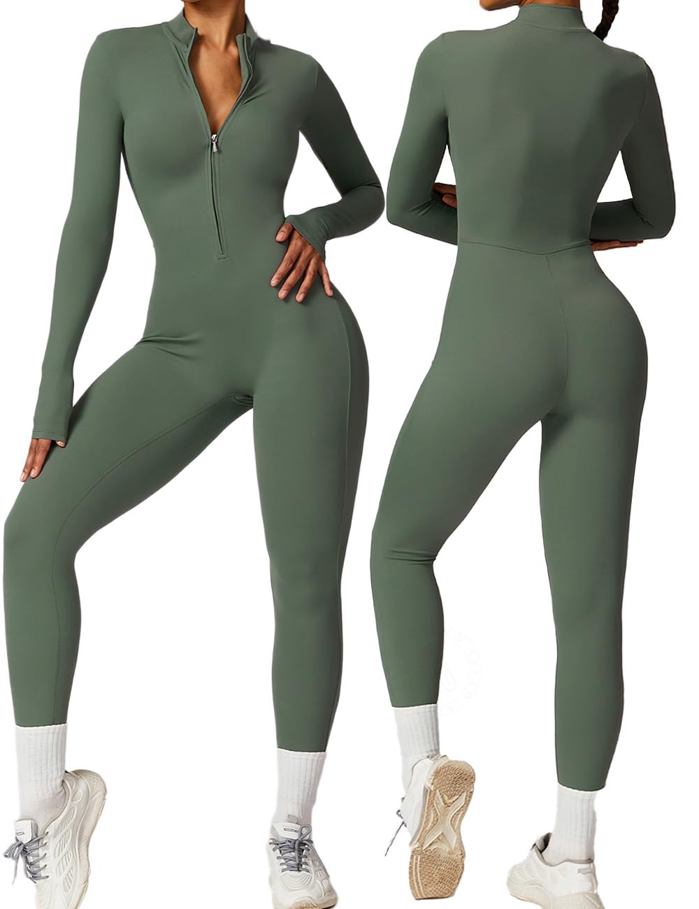 AEEZO Womens Long Sleeve Workout Jumpsuit Zip Up Yoga Rompers Sexy Tummy Control One Piece Bodycon Bottom Pants