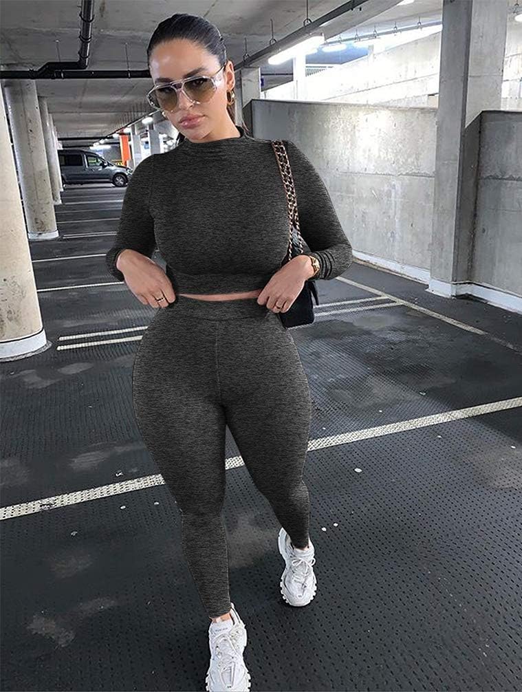 GOKATOSAU Women's Sexy 2 Piece Outfits Long Sleeve Crop Top Pants Set Club Jumpsuits