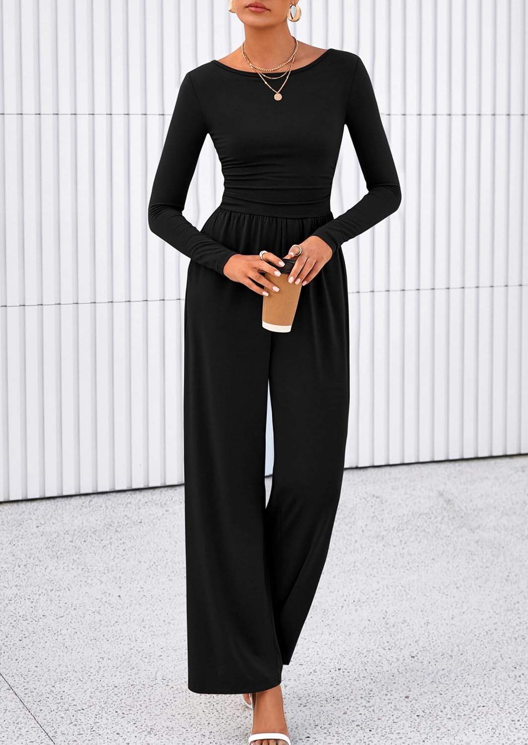 PRETTYGARDEN One Piece Jumpsuits for Women Dressy Casual Long Sleeve Crewneck Wide Leg Romper Overalls Fall Outfits 2025