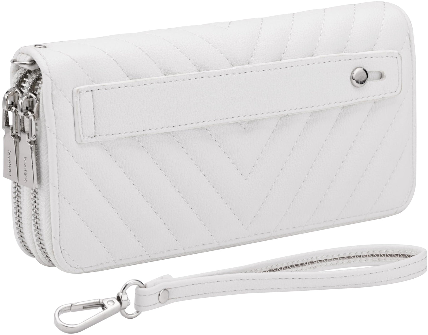 B BRENTANO Vegan Leather Double Zipper Pocket Wallet with Grip Hand Strap (Chevron Embroidered Blush)