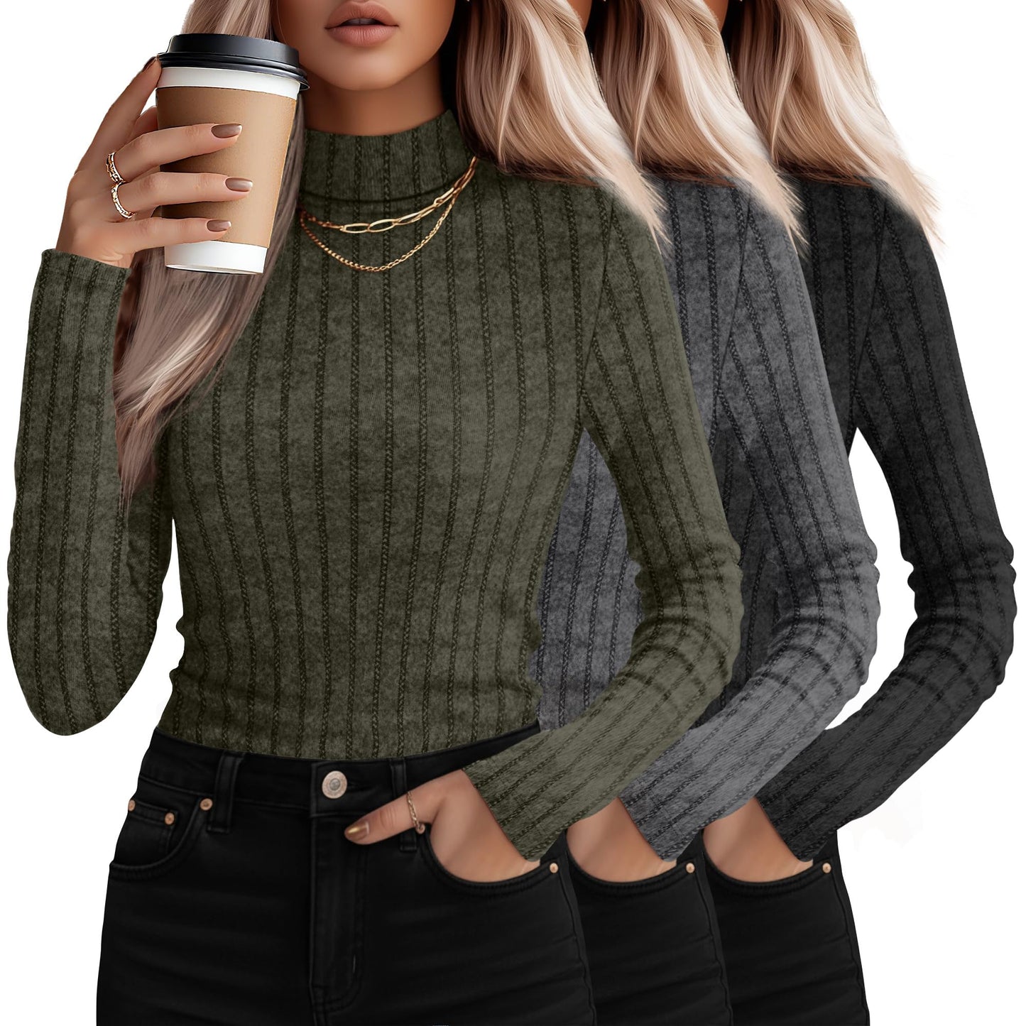 3 Pack Women's Mock Turtleneck Sweaters, Long Sleeve Ribbed Knit Tops, Fit Soft Thermal Underwear, Lightweight Fall Pullover