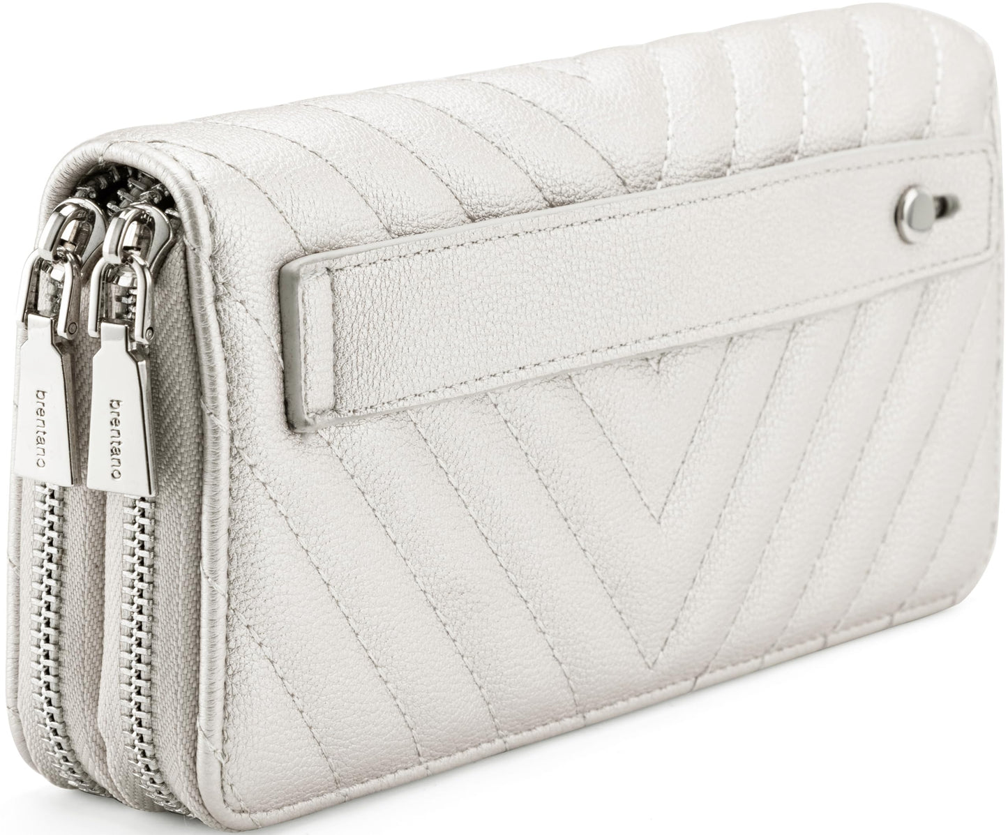 B BRENTANO Vegan Leather Double Zipper Pocket Wallet with Grip Hand Strap (Chevron Embroidered Blush)