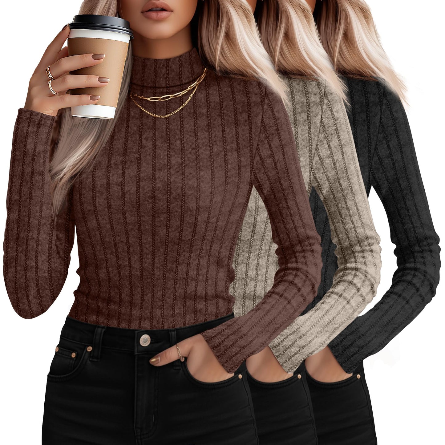 3 Pack Women's Mock Turtleneck Sweaters, Long Sleeve Ribbed Knit Tops, Fit Soft Thermal Underwear, Lightweight Fall Pullover