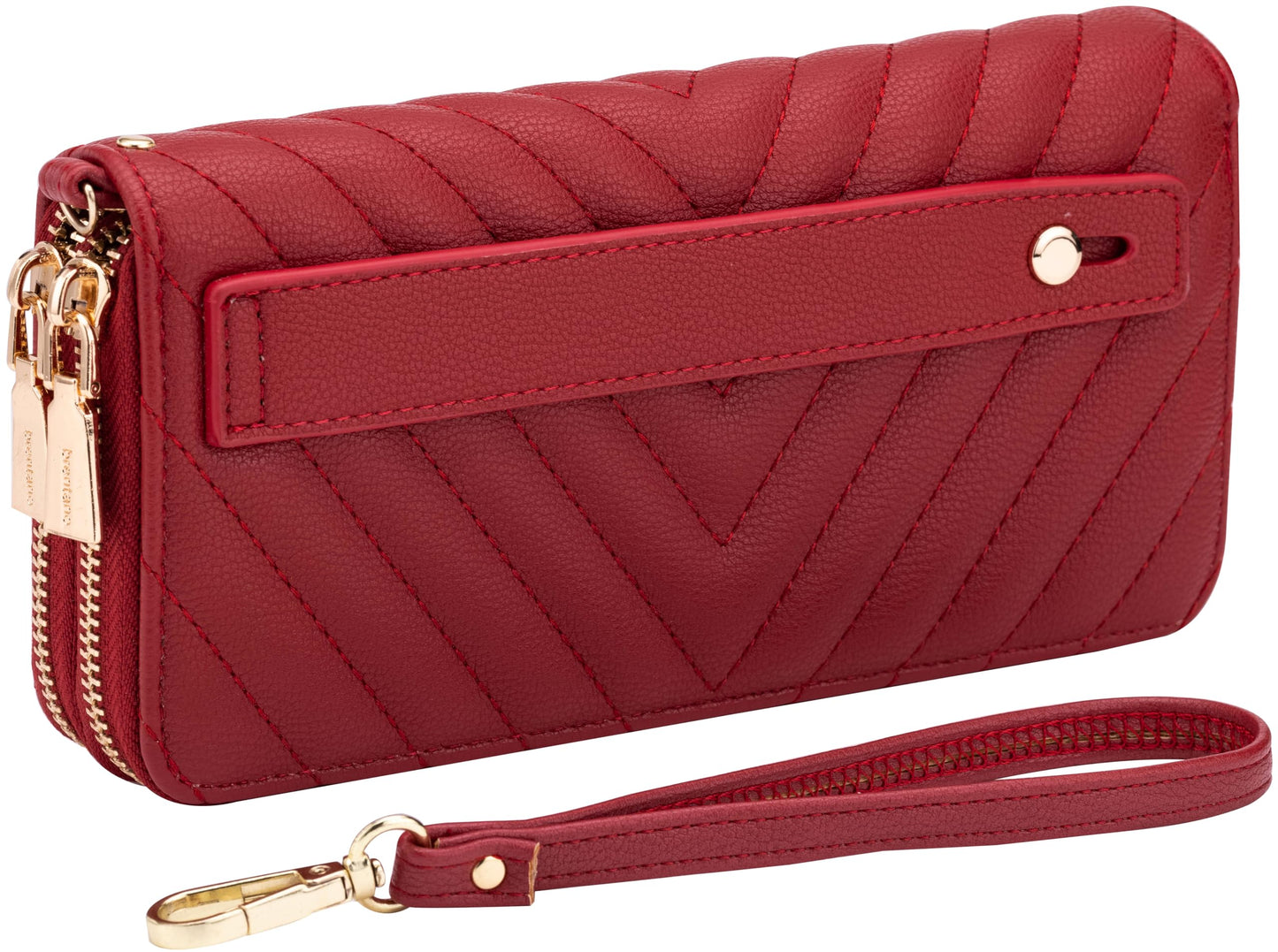 B BRENTANO Vegan Leather Double Zipper Pocket Wallet with Grip Hand Strap (Chevron Embroidered Blush)