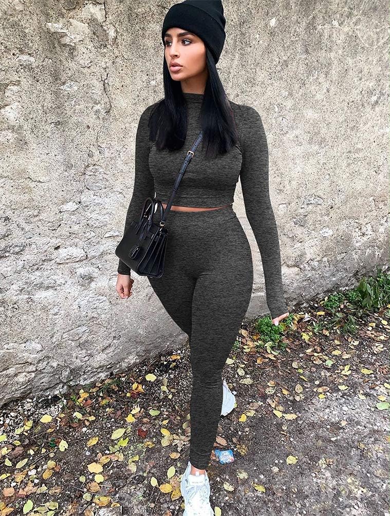 GOKATOSAU Women's Sexy 2 Piece Outfits Long Sleeve Crop Top Pants Set Club Jumpsuits
