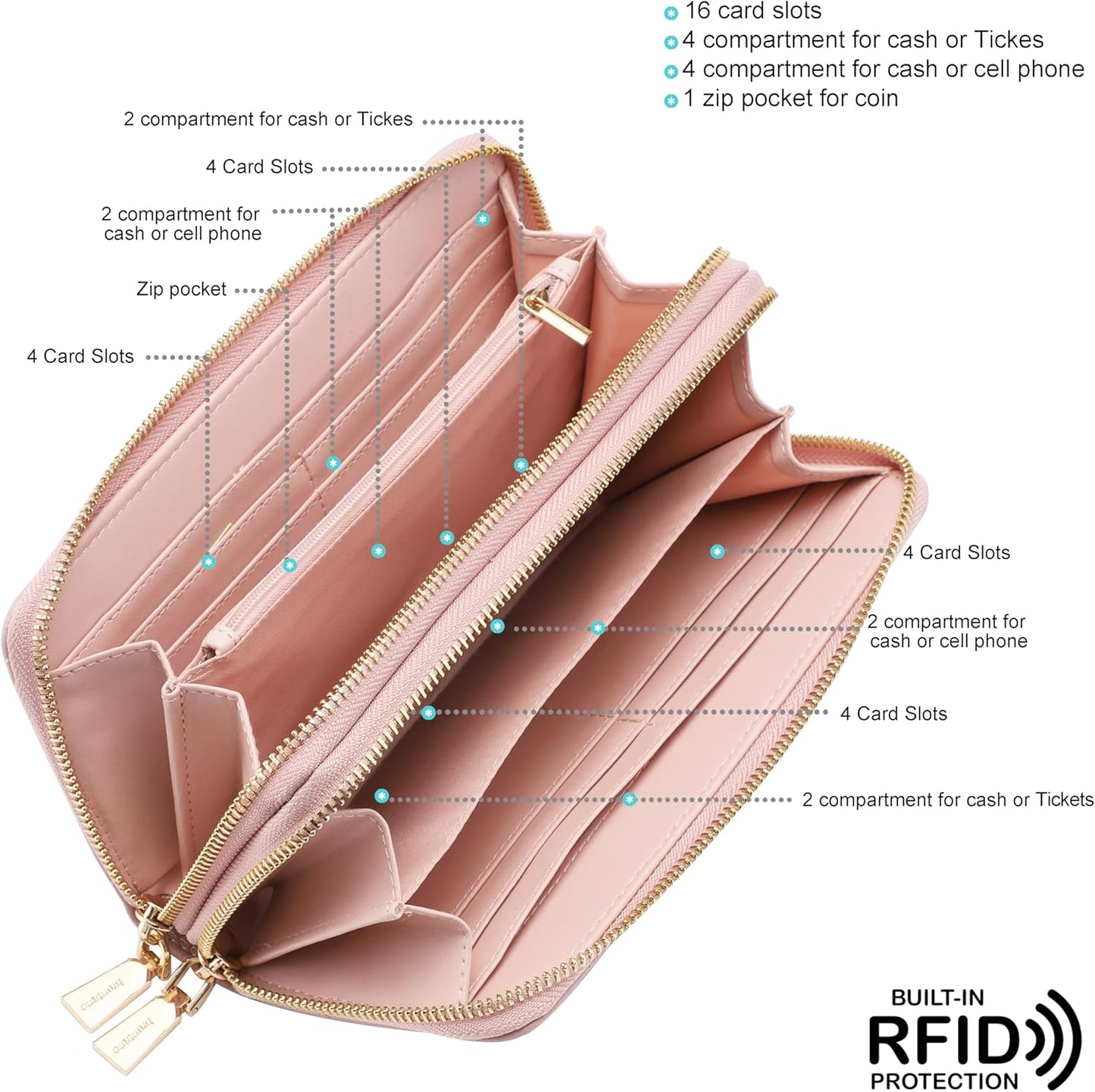 B BRENTANO Vegan Leather Double Zipper Pocket Wallet with Grip Hand Strap (Chevron Embroidered Blush)