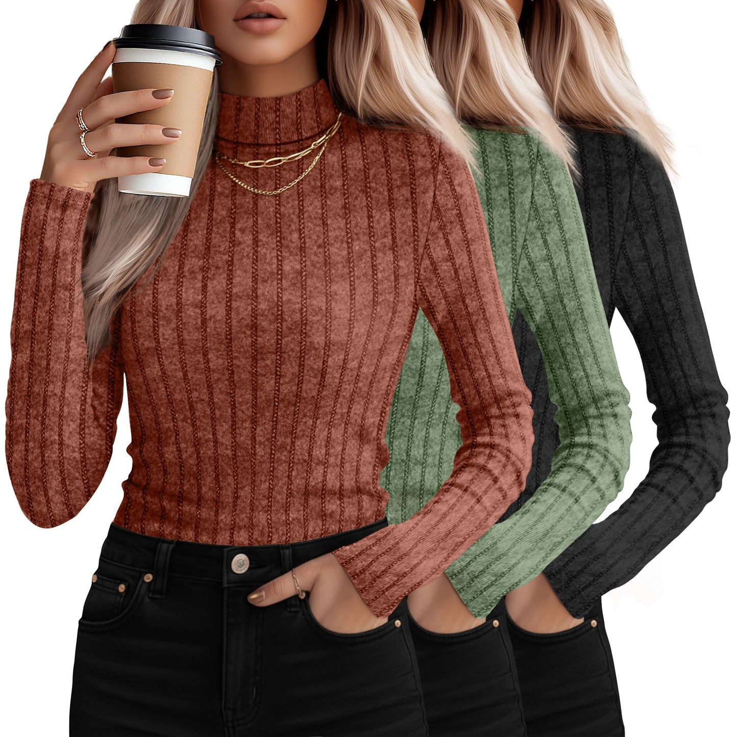 3 Pack Women's Mock Turtleneck Sweaters, Long Sleeve Ribbed Knit Tops, Fit Soft Thermal Underwear, Lightweight Fall Pullover