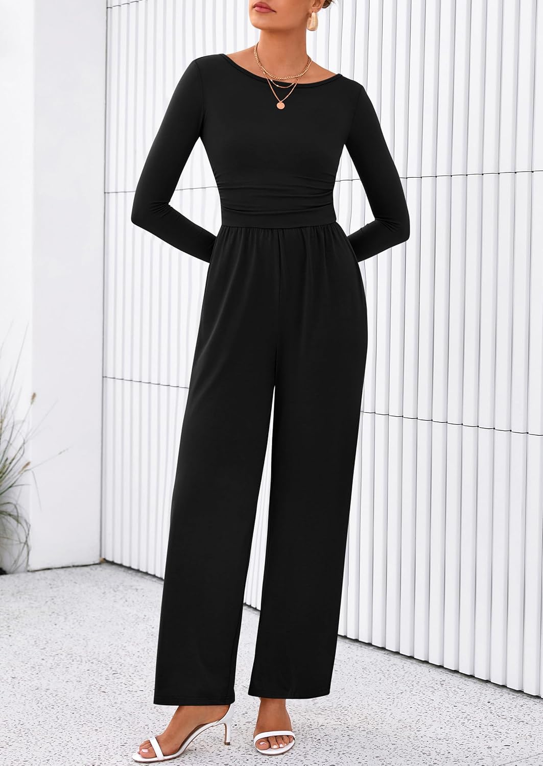 PRETTYGARDEN One Piece Jumpsuits for Women Dressy Casual Long Sleeve Crewneck Wide Leg Romper Overalls Fall Outfits 2025