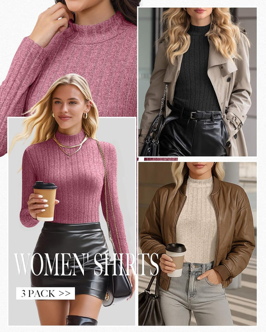 3 Pack Women's Mock Turtleneck Sweaters, Long Sleeve Ribbed Knit Tops, Fit Soft Thermal Underwear, Lightweight Fall Pullover