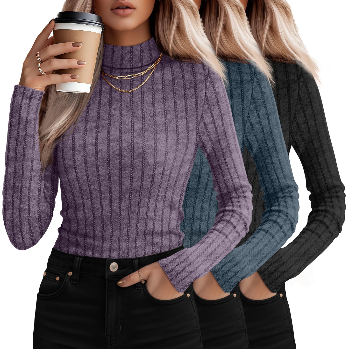 3 Pack Women's Mock Turtleneck Sweaters, Long Sleeve Ribbed Knit Tops, Fit Soft Thermal Underwear, Lightweight Fall Pullover