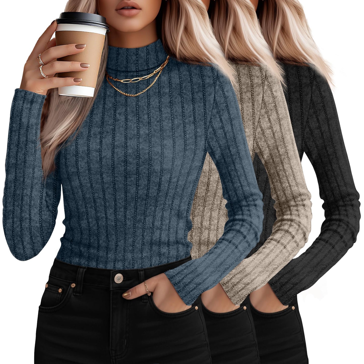 3 Pack Women's Mock Turtleneck Sweaters, Long Sleeve Ribbed Knit Tops, Fit Soft Thermal Underwear, Lightweight Fall Pullover