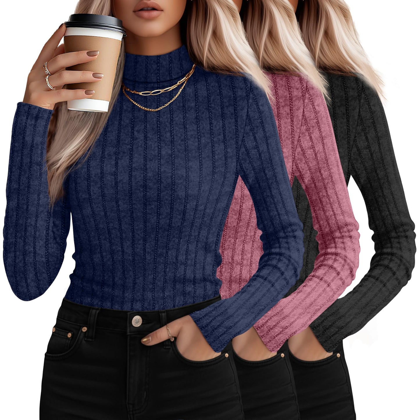 3 Pack Women's Mock Turtleneck Sweaters, Long Sleeve Ribbed Knit Tops, Fit Soft Thermal Underwear, Lightweight Fall Pullover
