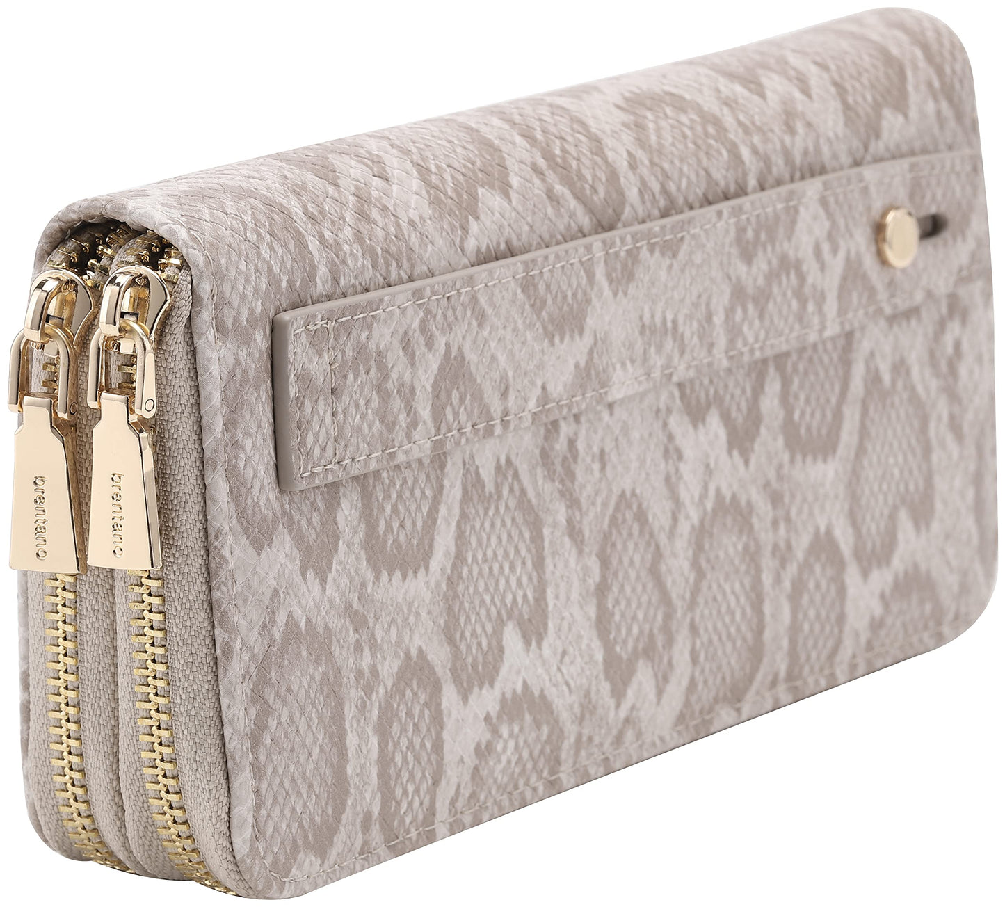 B BRENTANO Vegan Leather Double Zipper Pocket Wallet with Grip Hand Strap (Chevron Embroidered Blush)