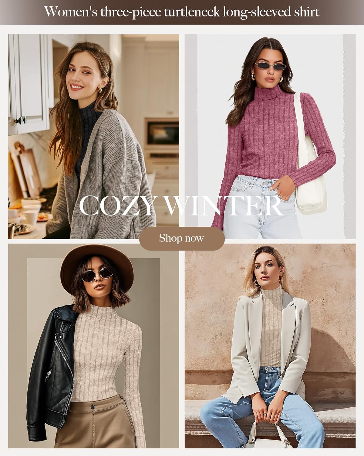 3 Pack Women's Mock Turtleneck Sweaters, Long Sleeve Ribbed Knit Tops, Fit Soft Thermal Underwear, Lightweight Fall Pullover