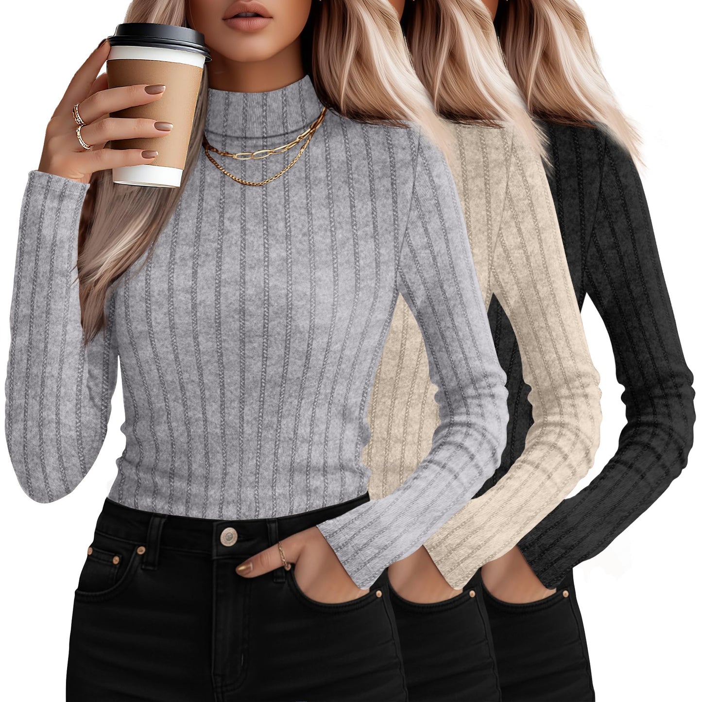 3 Pack Women's Mock Turtleneck Sweaters, Long Sleeve Ribbed Knit Tops, Fit Soft Thermal Underwear, Lightweight Fall Pullover