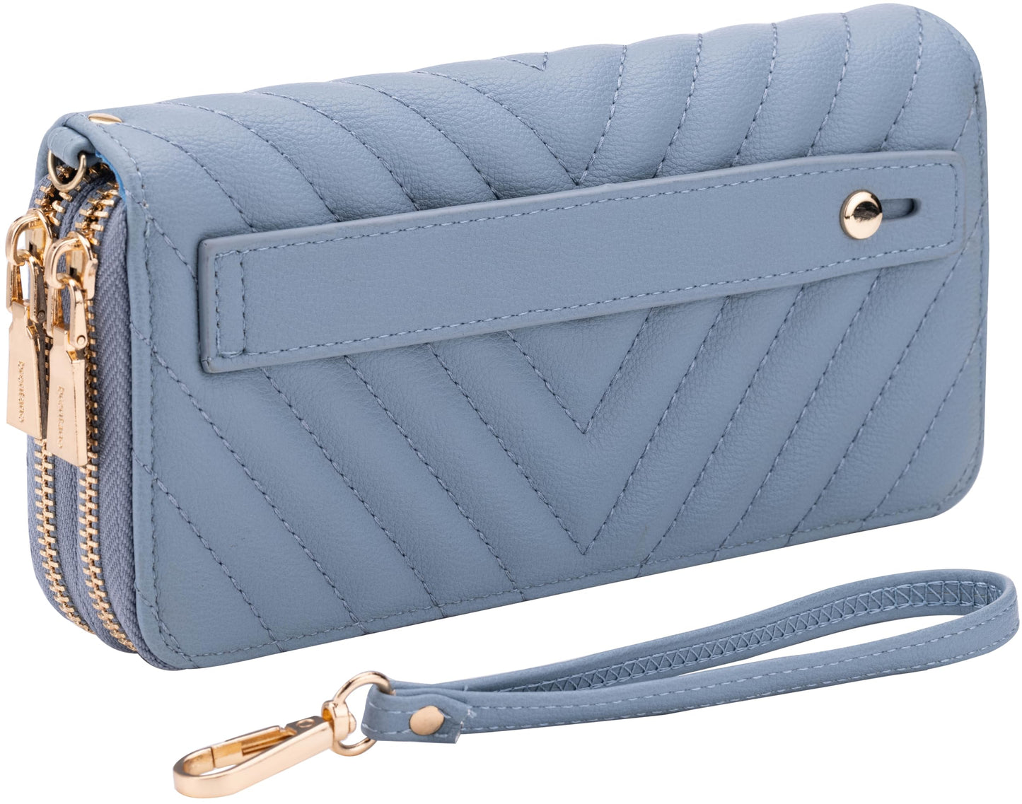 B BRENTANO Vegan Leather Double Zipper Pocket Wallet with Grip Hand Strap (Chevron Embroidered Blush)