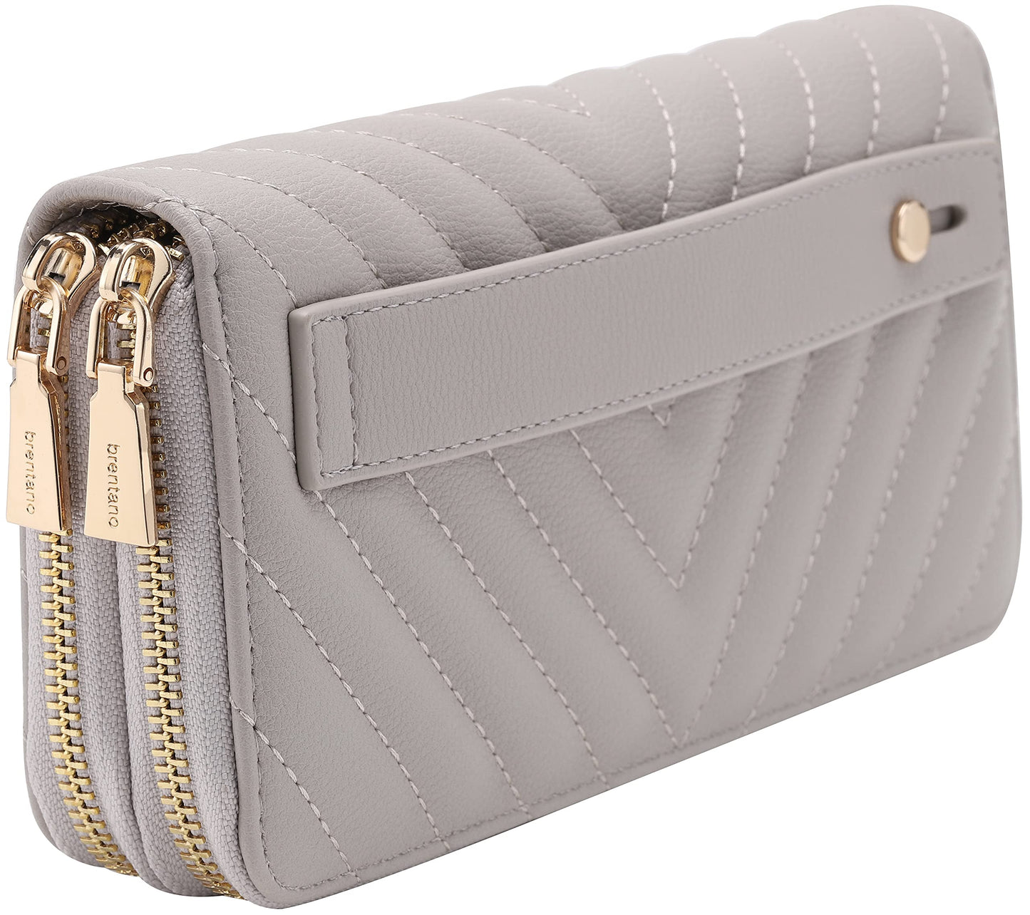 B BRENTANO Vegan Leather Double Zipper Pocket Wallet with Grip Hand Strap (Chevron Embroidered Blush)