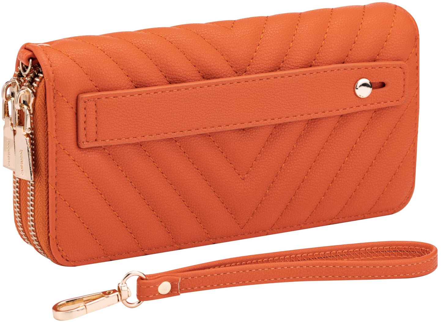 B BRENTANO Vegan Leather Double Zipper Pocket Wallet with Grip Hand Strap (Chevron Embroidered Blush)