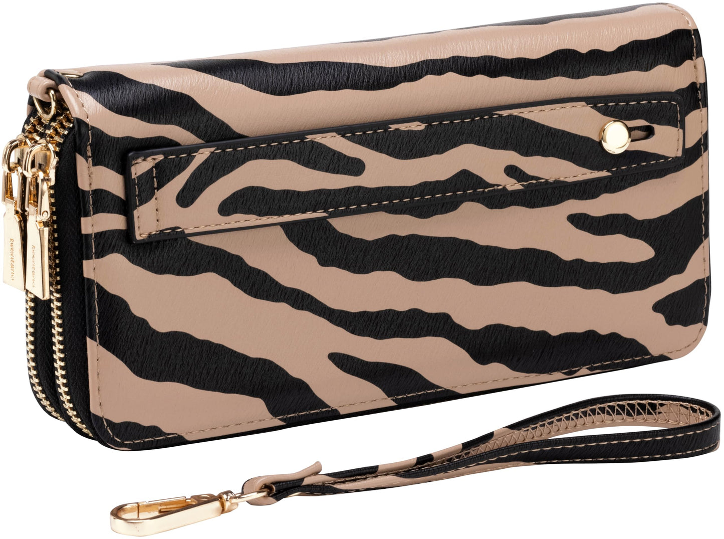 B BRENTANO Vegan Leather Double Zipper Pocket Wallet with Grip Hand Strap (Chevron Embroidered Blush)