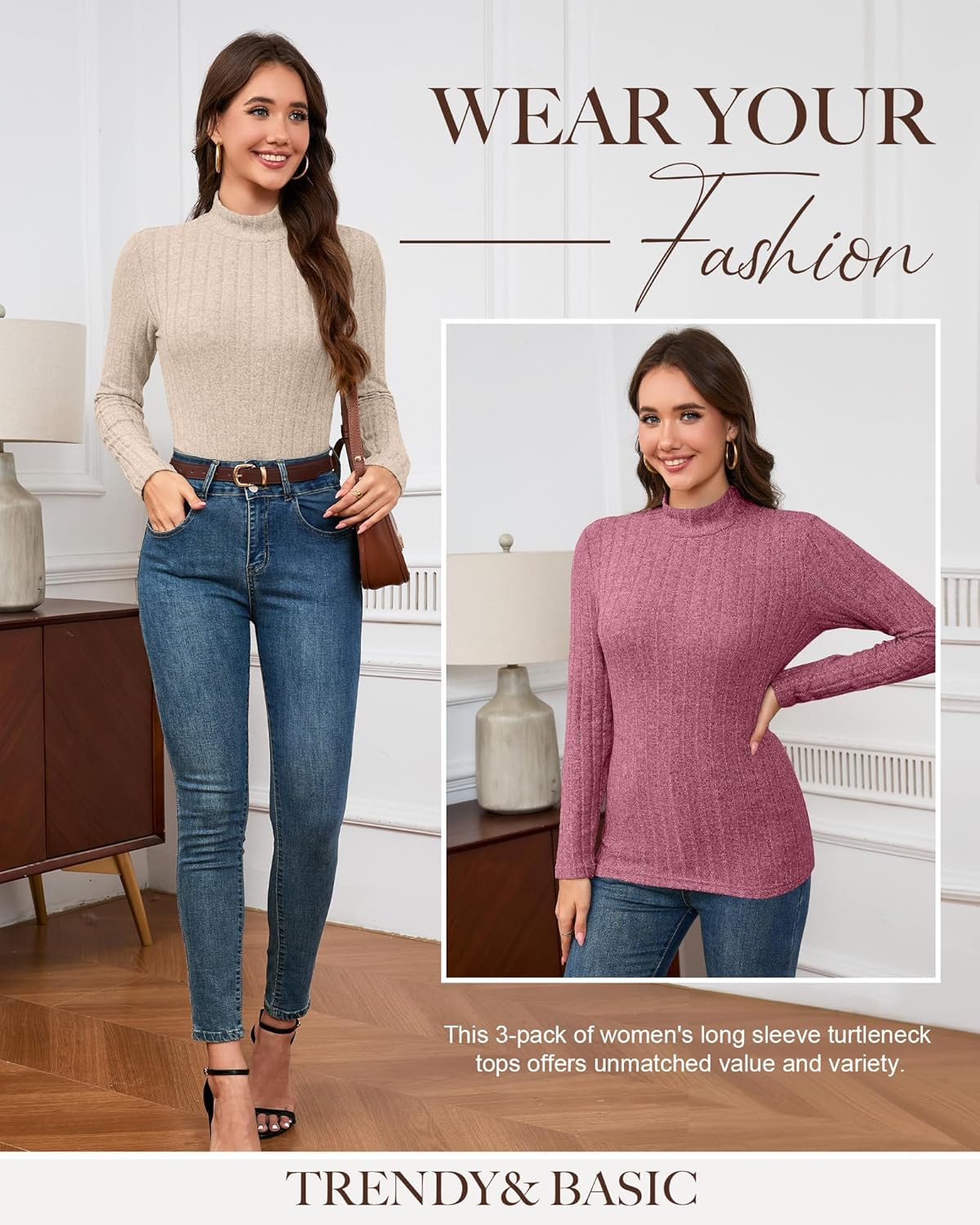 3 Pack Women's Mock Turtleneck Sweaters, Long Sleeve Ribbed Knit Tops, Fit Soft Thermal Underwear, Lightweight Fall Pullover