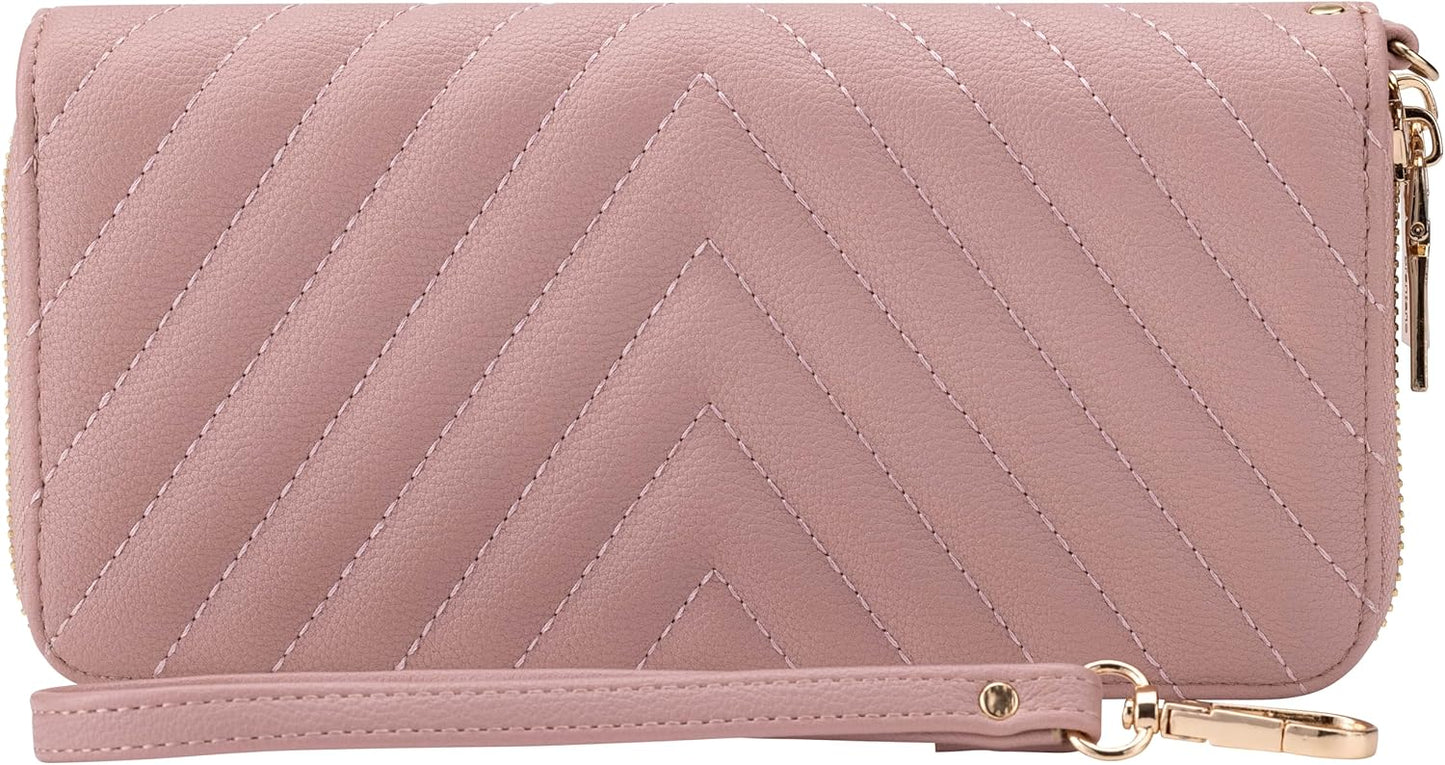 B BRENTANO Vegan Leather Double Zipper Pocket Wallet with Grip Hand Strap (Chevron Embroidered Blush)