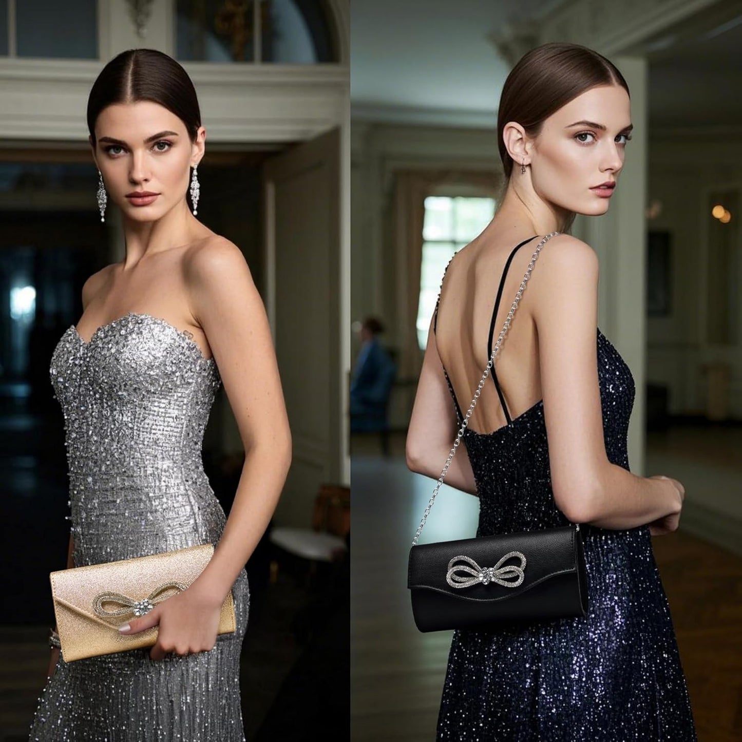 Gurina Evening Clutch Purses for Women Formal Party Clutch Bags Cocktail Prom Shoulder Handbags Shiny Crystal Bow Flap Purses