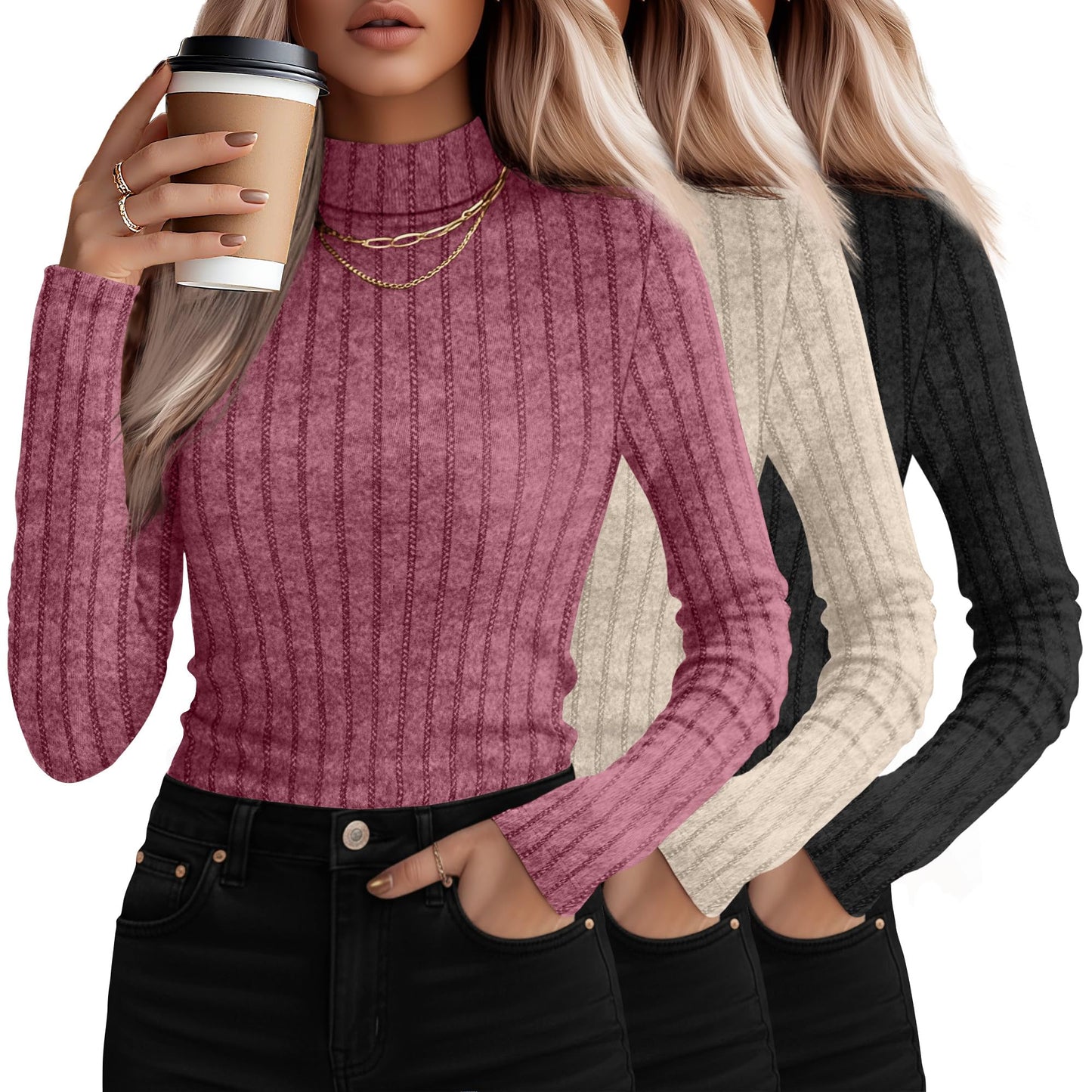 3 Pack Women's Mock Turtleneck Sweaters, Long Sleeve Ribbed Knit Tops, Fit Soft Thermal Underwear, Lightweight Fall Pullover