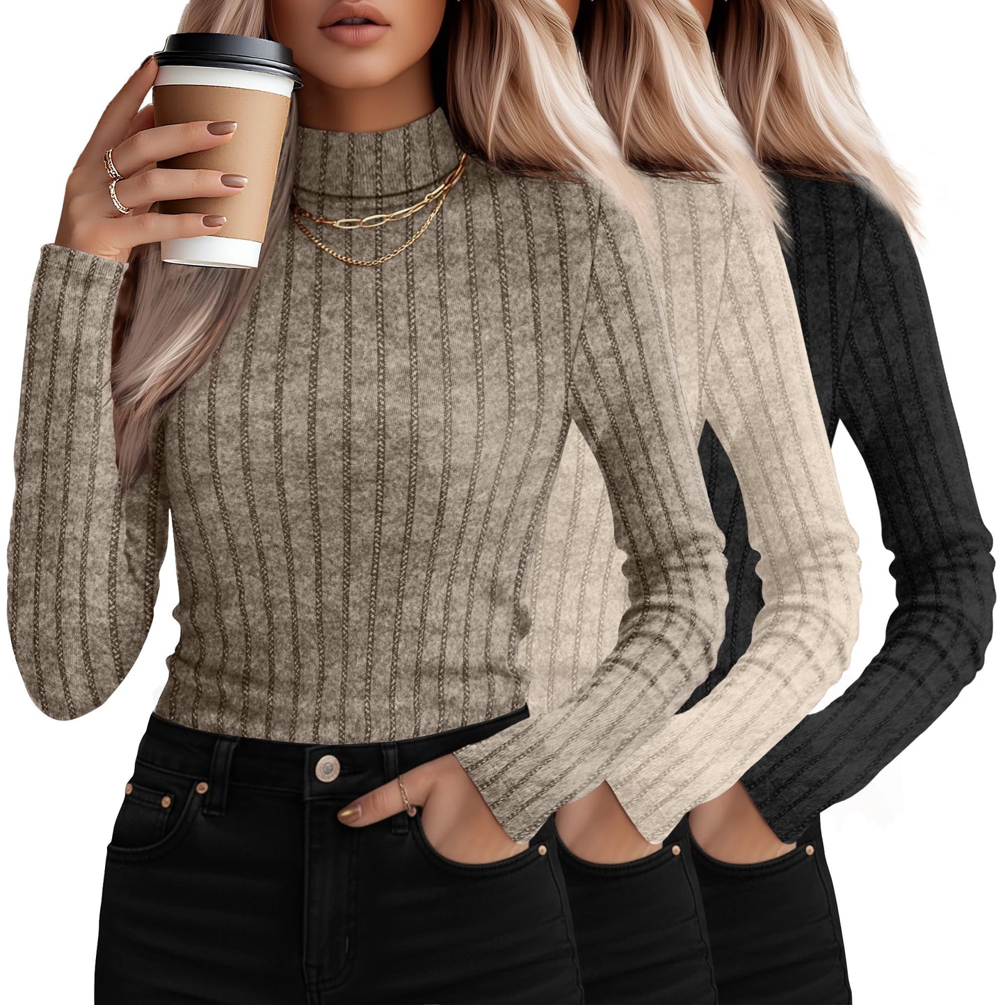 3 Pack Women's Mock Turtleneck Sweaters, Long Sleeve Ribbed Knit Tops, Fit Soft Thermal Underwear, Lightweight Fall Pullover